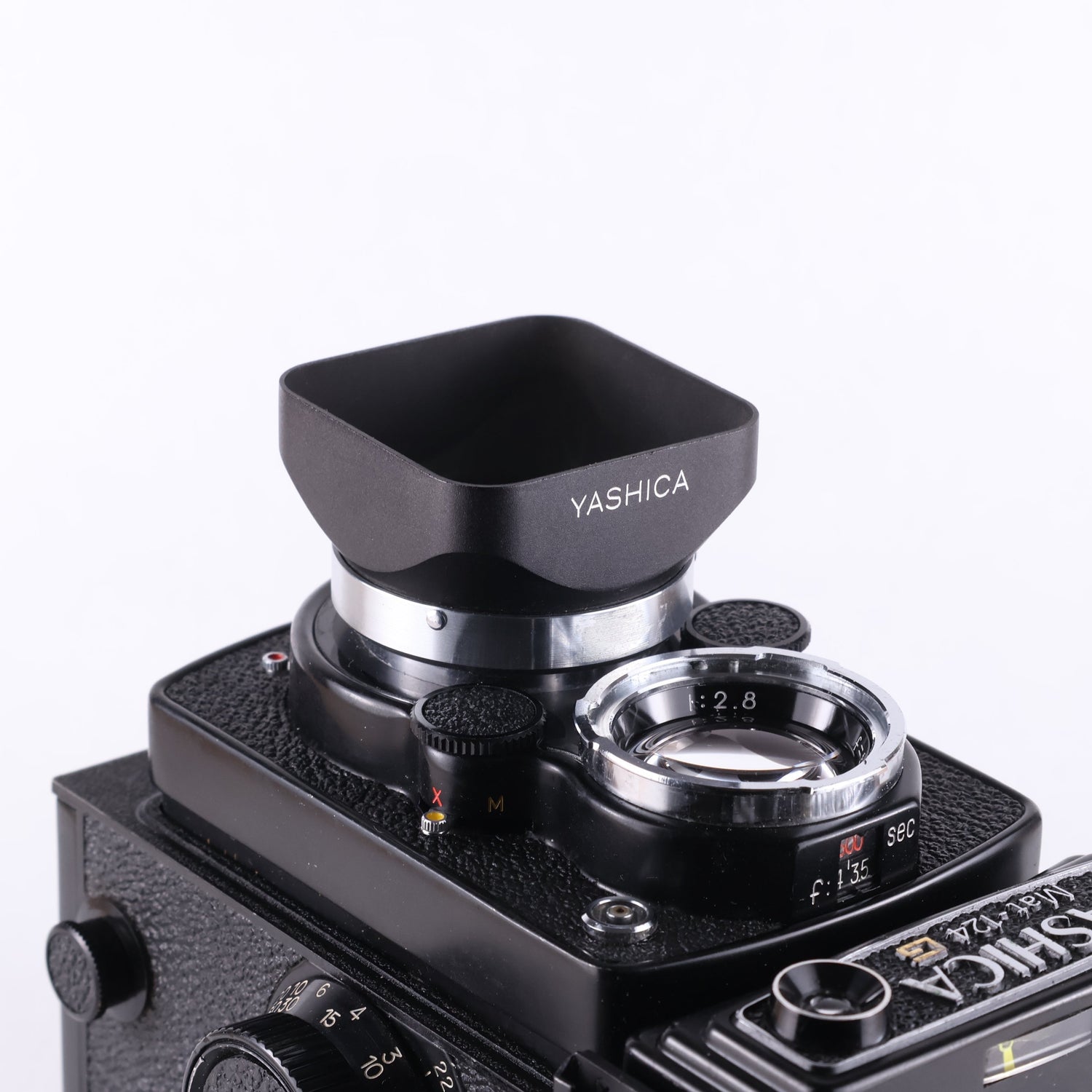 Yashica Mat 124G with a lens hood attached